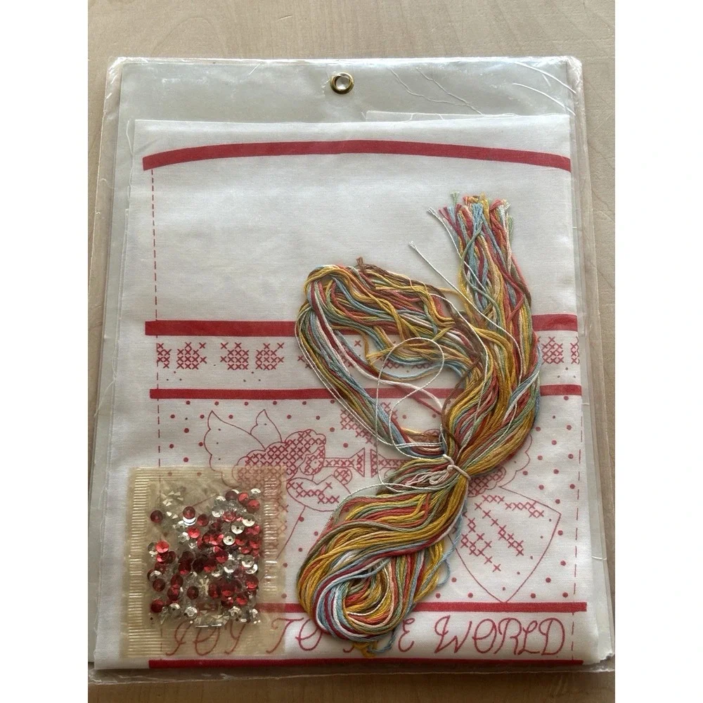 Vtg Vogart DMC Christmas Stocking Kit Stamped Cross Stitch Angel Sampler Joy NIP